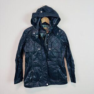 Trina Turk Faux Leather Jacket Womens 4 black slick look hooded coat